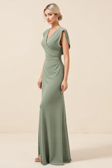 Chiffon V Neck Long Eucalyptus Bridesmaid Dress With Slit