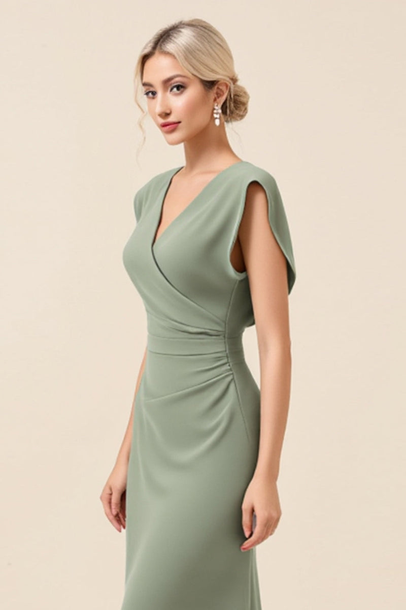 Load image into Gallery viewer, Chiffon V Neck Long Eucalyptus Bridesmaid Dress With Slit