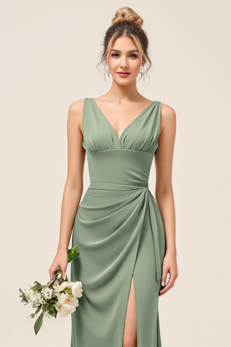 Load image into Gallery viewer, Eucalyptus V Neck Sheath Ruched Long Bridesmaid Dress with Slit