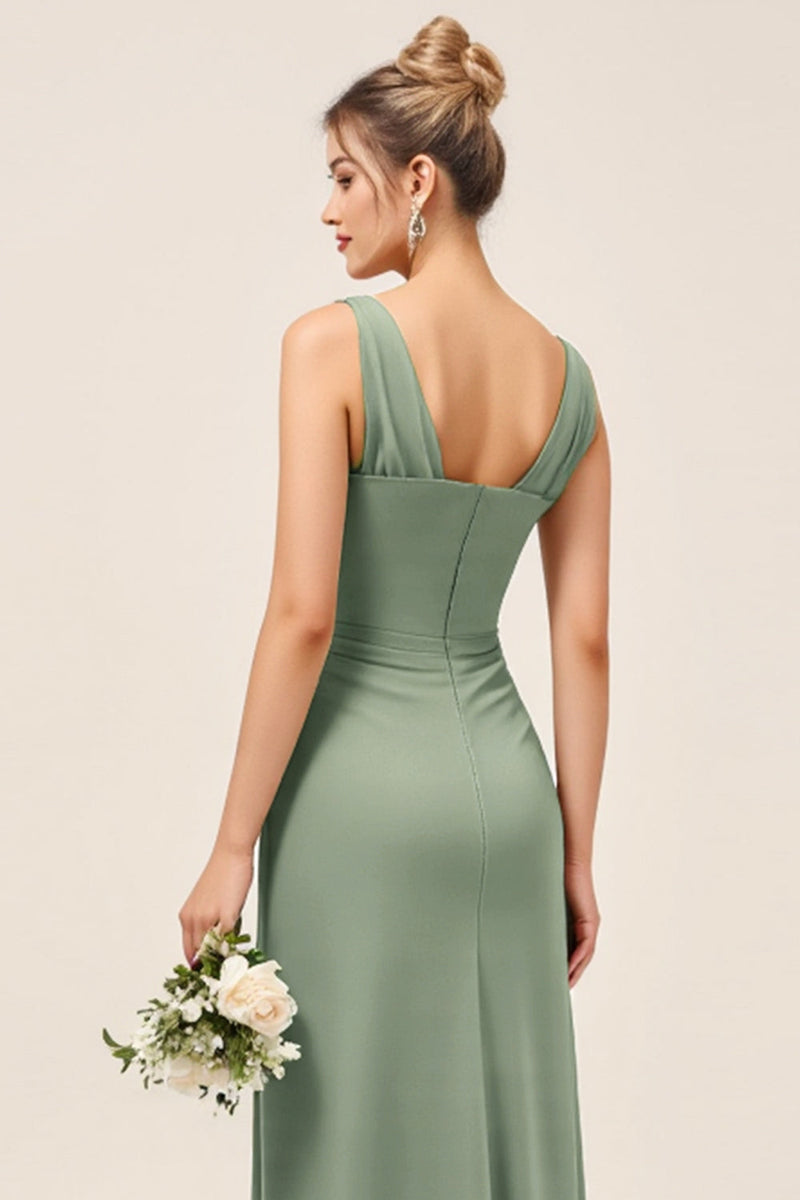 Load image into Gallery viewer, Eucalyptus V Neck Sheath Ruched Long Bridesmaid Dress with Slit