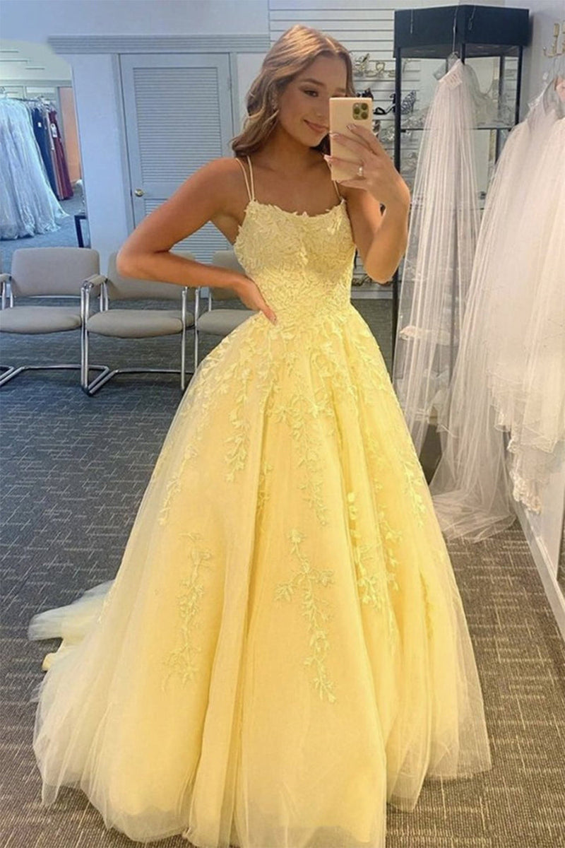 Hellymoon Women Princess Prom Dress Yellow Spaghetti Straps Formal Dress with Appliques – hellymoonuk