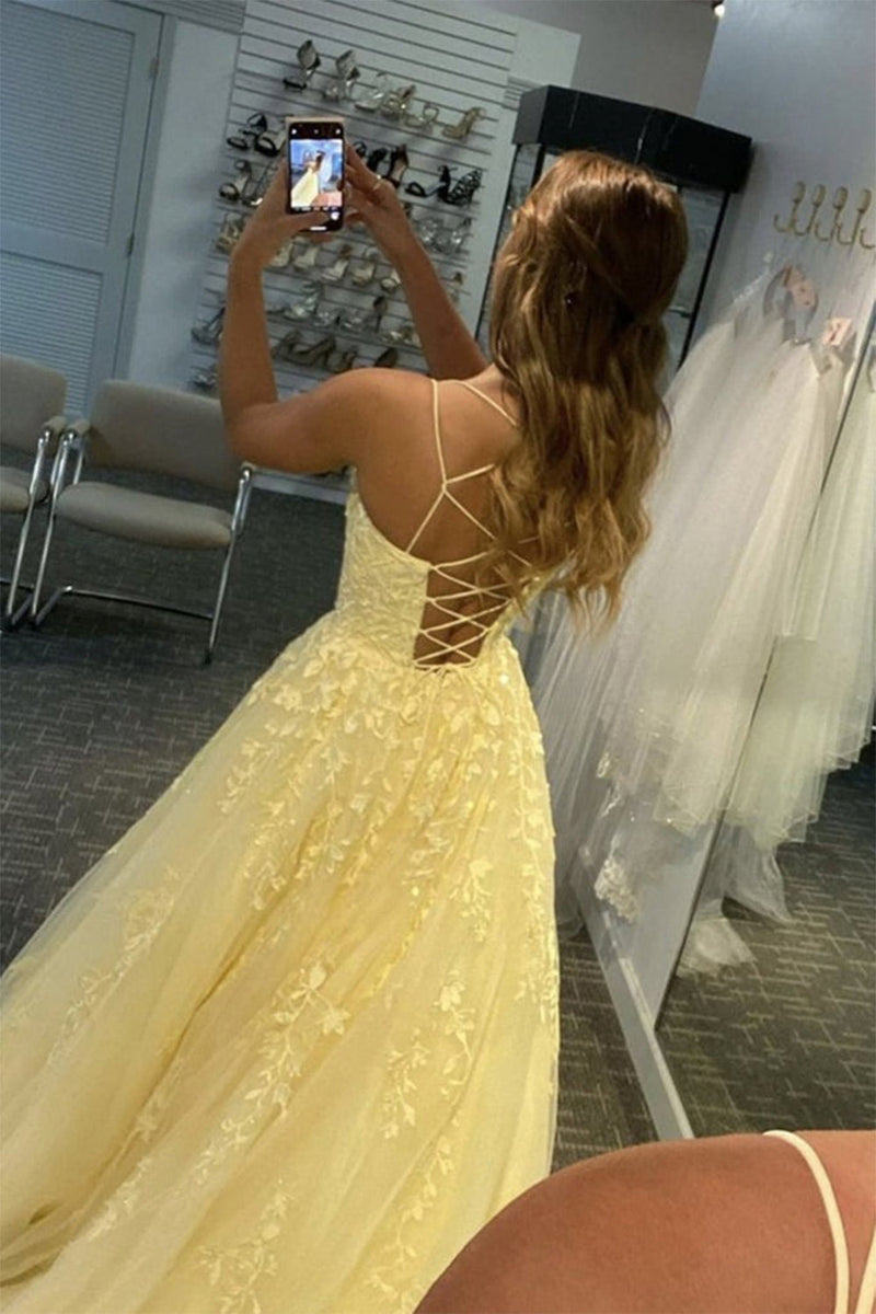 Hellymoon Women Princess Prom Dress Yellow Spaghetti Straps Formal Dress  with Appliques – hellymoonuk