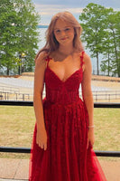 Load image into Gallery viewer, Navy A-Line Spaghetti Straps Tulle Princess Prom Dress with Appliques