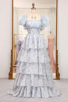 Load image into Gallery viewer, Light Blue Printed A Line Square Neck Long Tiered Prom Dress