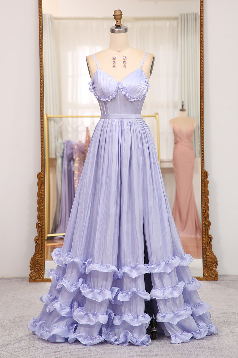 Load image into Gallery viewer, A-Line Lavender Spaghetti Strap Long Prom Dress with Slit