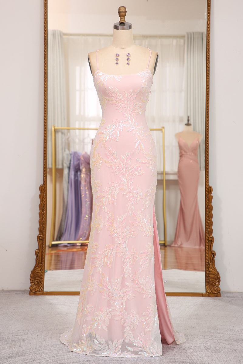 Load image into Gallery viewer, Sparkly Mermaid Pink Spaghetti Straps Long Prom Dress with Sequins