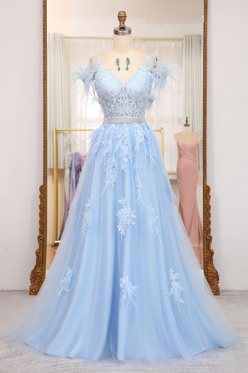 Load image into Gallery viewer, Light Blue A-line Tulle Corset Prom Dress with Appliques