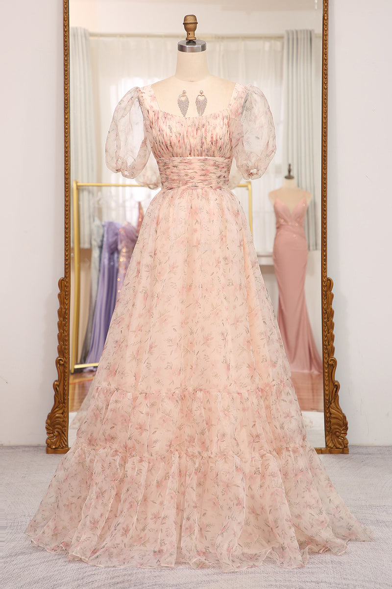 Load image into Gallery viewer, A-Line Champagne Printed Square Neck Long Prom Dress