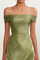 Load image into Gallery viewer, Metallic Satin Green Off The Shoulder Sheath Prom Dress