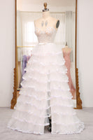 Load image into Gallery viewer, A-line White Spaghetti Straps Tulle Tiered Corset Prom Dress with Slit