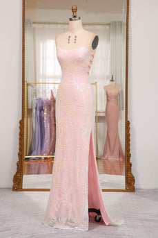 Sparkly Mermaid Pink Spaghetti Straps Long Prom Dress with Sequins