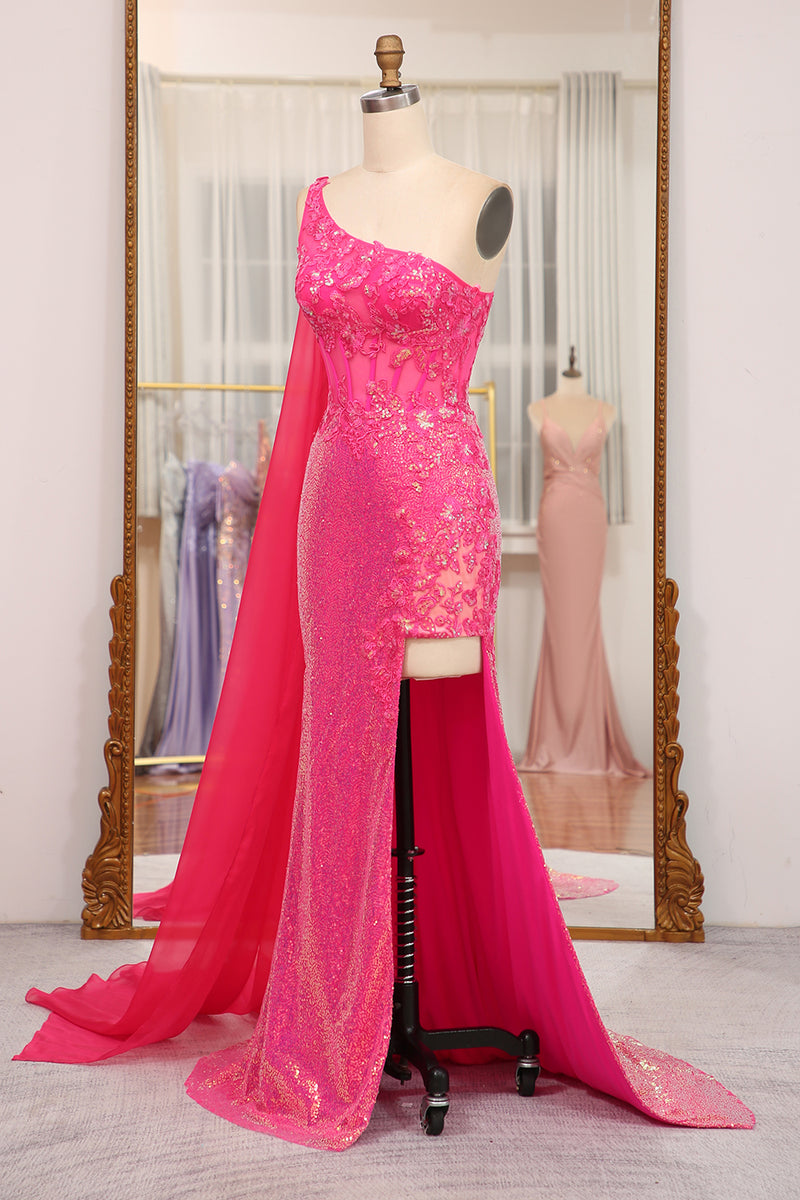 Load image into Gallery viewer, Mermaid Fuchsia Sequin One Shoulder Corset Long Prom Dress with Slit