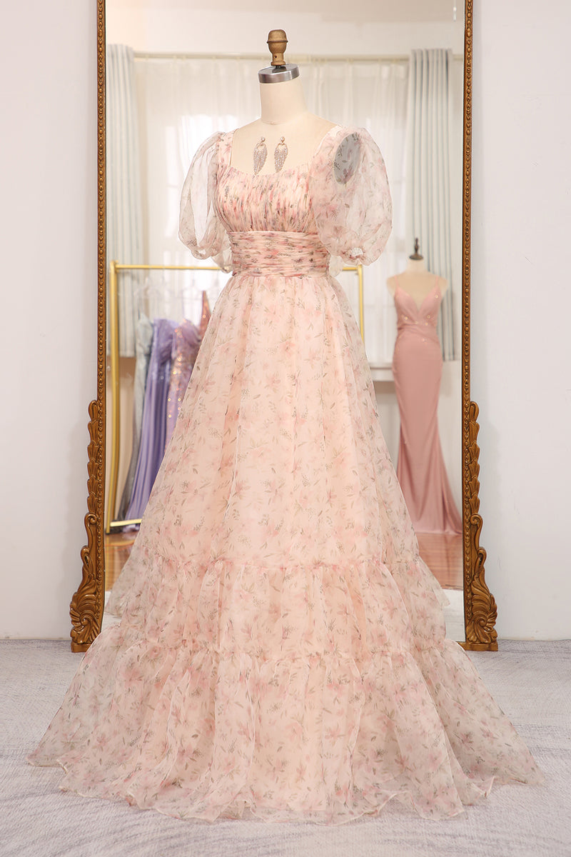 Load image into Gallery viewer, A-Line Champagne Printed Square Neck Long Prom Dress