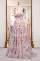 Load image into Gallery viewer, A Line Pink Floral Print Adjustable Straps Long Prom Dress