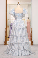 Load image into Gallery viewer, Light Blue Printed A Line Square Neck Long Tiered Prom Dress