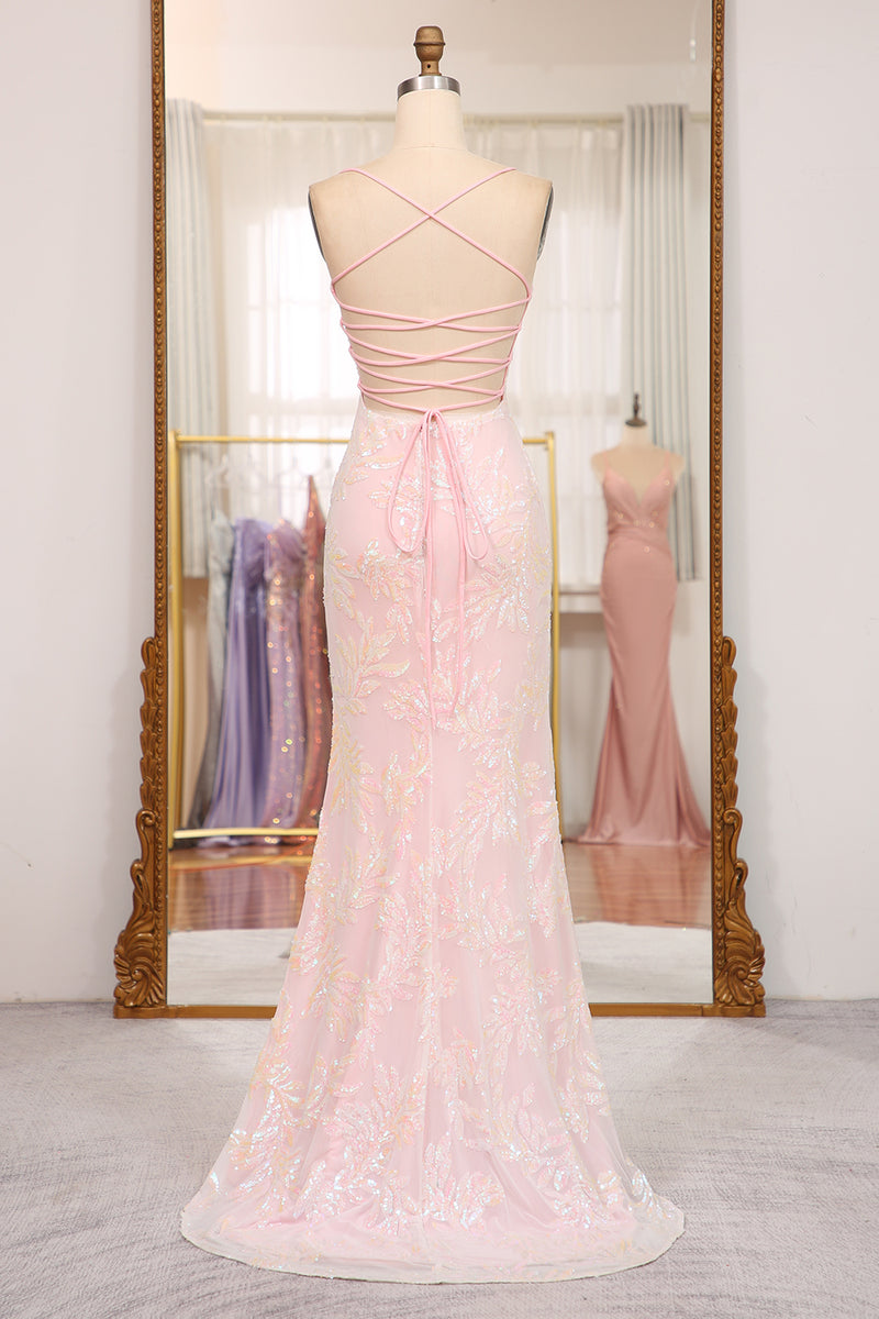 Load image into Gallery viewer, Sparkly Mermaid Pink Spaghetti Straps Long Prom Dress with Sequins