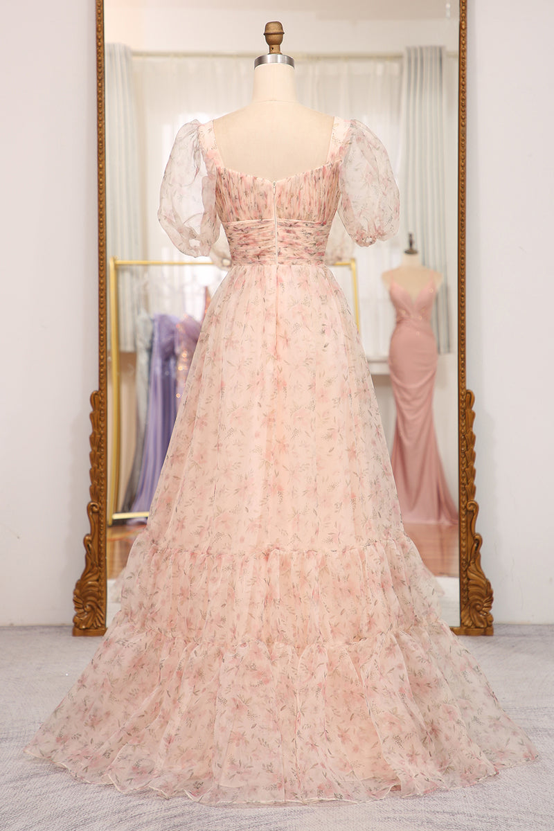 Load image into Gallery viewer, A-Line Champagne Printed Square Neck Long Prom Dress