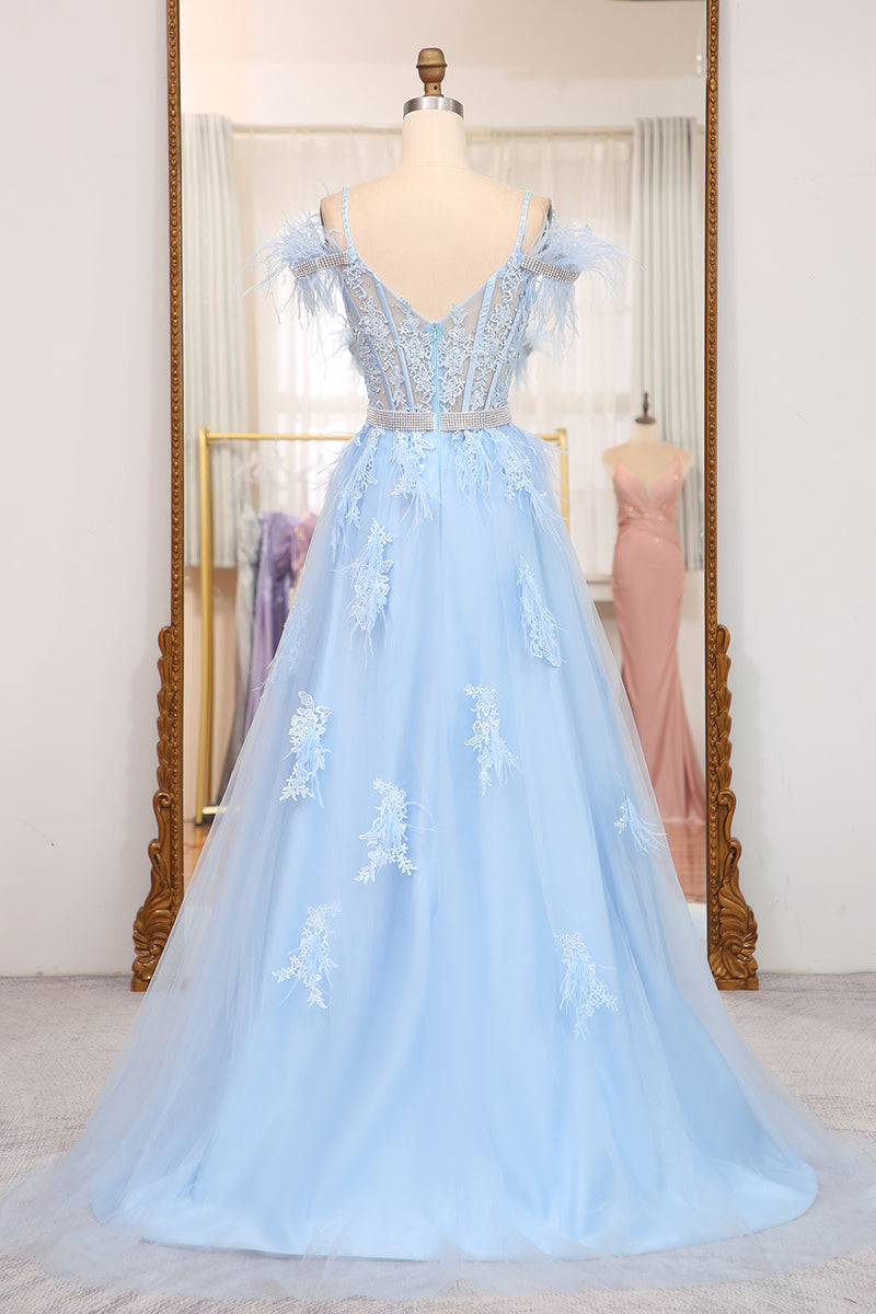 Load image into Gallery viewer, Light Blue A-line Tulle Corset Prom Dress with Appliques
