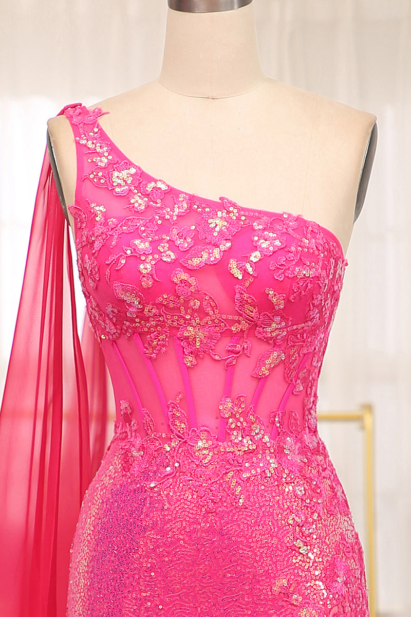Load image into Gallery viewer, Mermaid Fuchsia Sequin One Shoulder Corset Long Prom Dress with Slit
