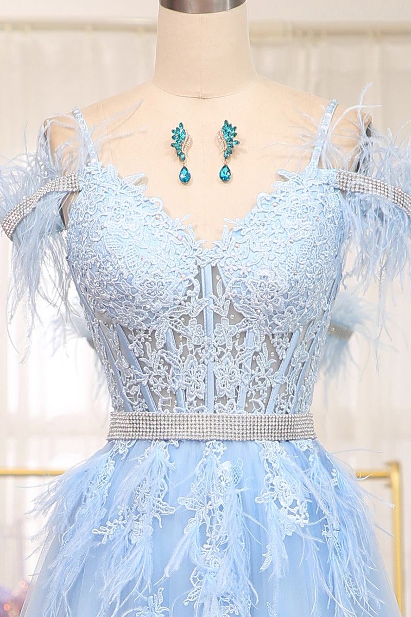 Load image into Gallery viewer, Light Blue A-line Tulle Corset Prom Dress with Appliques