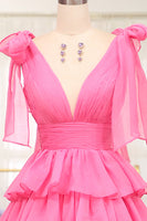 Load image into Gallery viewer, A Line Hot Pink V Neck Long Tiered Prom Dress with Slit