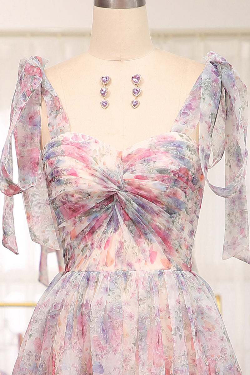 Load image into Gallery viewer, A Line Pink Floral Print Adjustable Straps Long Prom Dress