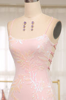 Load image into Gallery viewer, Sparkly Mermaid Pink Spaghetti Straps Long Prom Dress with Sequins