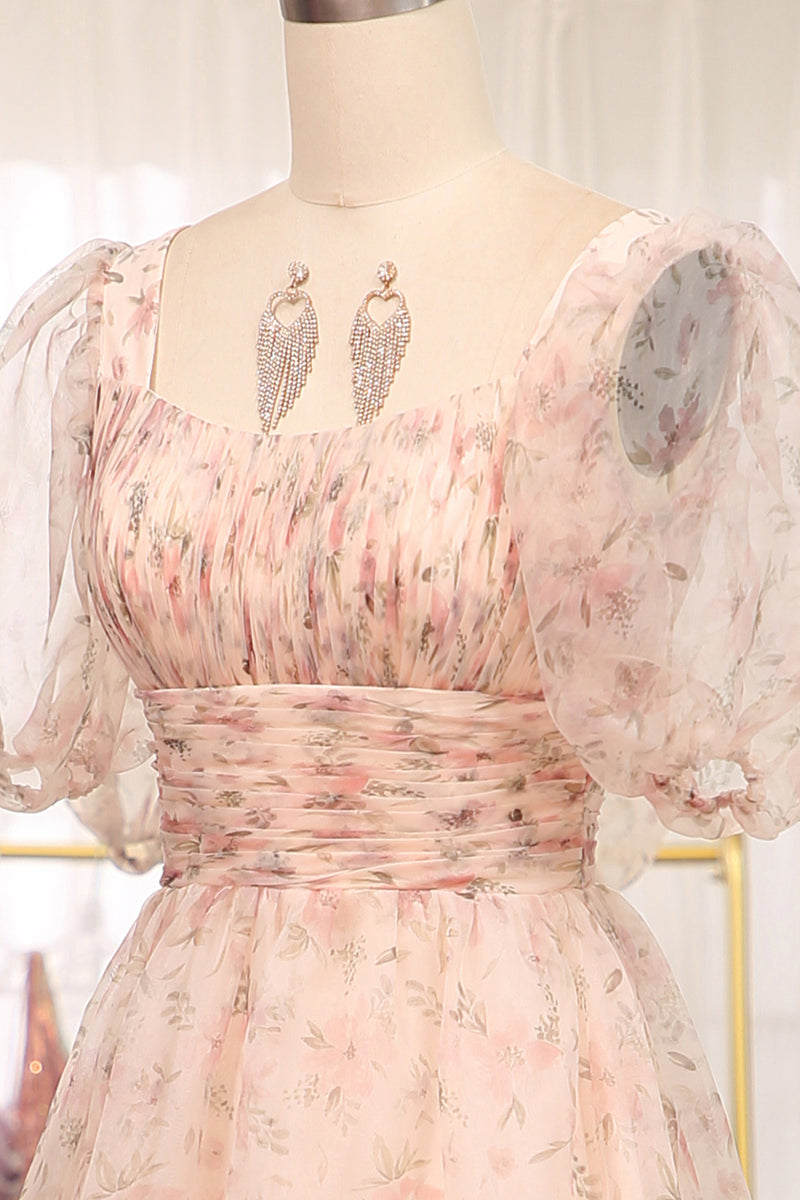 Load image into Gallery viewer, A-Line Champagne Printed Square Neck Long Prom Dress