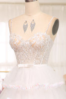 Load image into Gallery viewer, A-line White Spaghetti Straps Tulle Tiered Corset Prom Dress with Slit