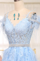 Load image into Gallery viewer, Light Blue A-line Tulle Corset Prom Dress with Appliques