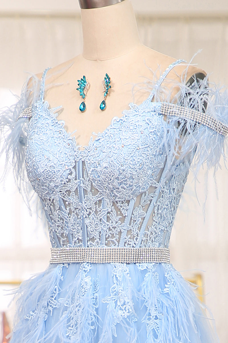 Load image into Gallery viewer, Light Blue A-line Tulle Corset Prom Dress with Appliques