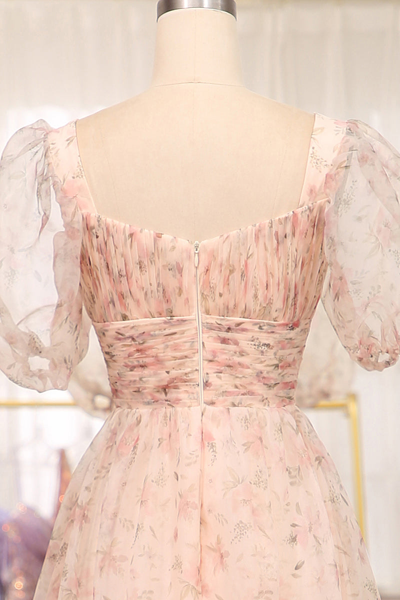 Load image into Gallery viewer, A-Line Champagne Printed Square Neck Long Prom Dress