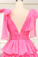 Load image into Gallery viewer, A Line Hot Pink V Neck Long Tiered Prom Dress with Slit
