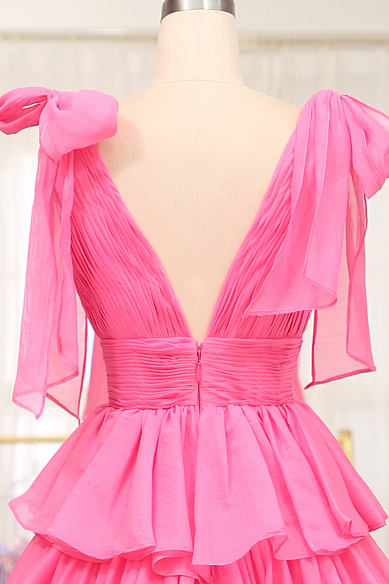 Load image into Gallery viewer, A Line Hot Pink V Neck Long Tiered Prom Dress with Slit