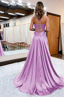 Load image into Gallery viewer, A Line Lilac Satin Beaded Prom Dress with Slit
