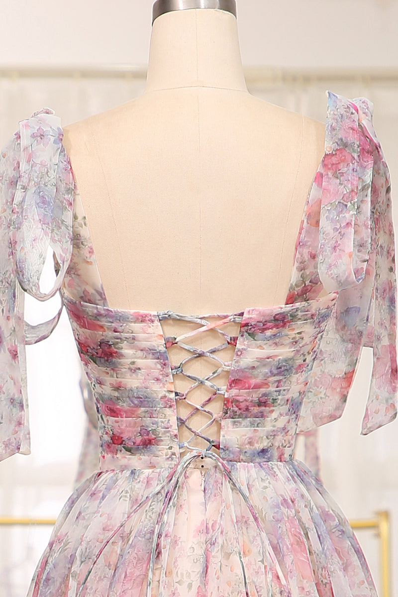 Load image into Gallery viewer, A Line Pink Floral Print Adjustable Straps Long Prom Dress