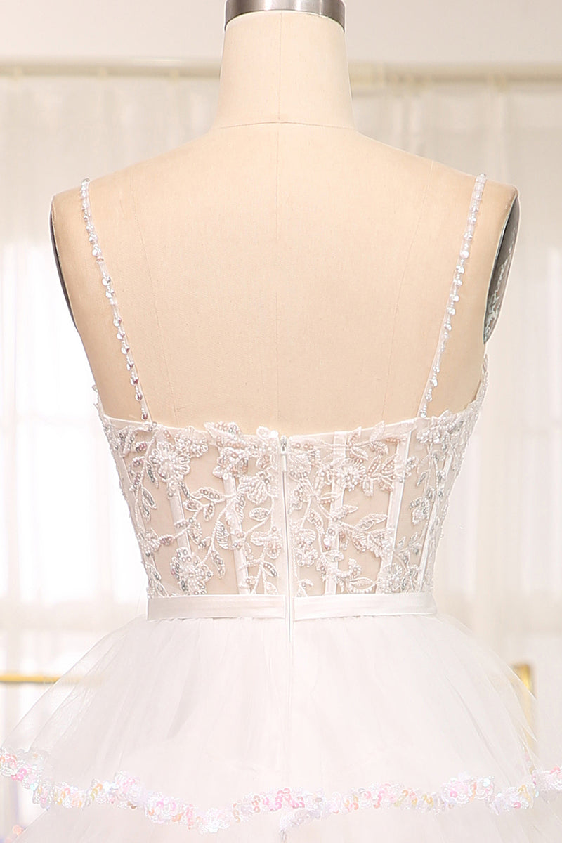 Load image into Gallery viewer, A-line White Spaghetti Straps Tulle Tiered Corset Prom Dress with Slit
