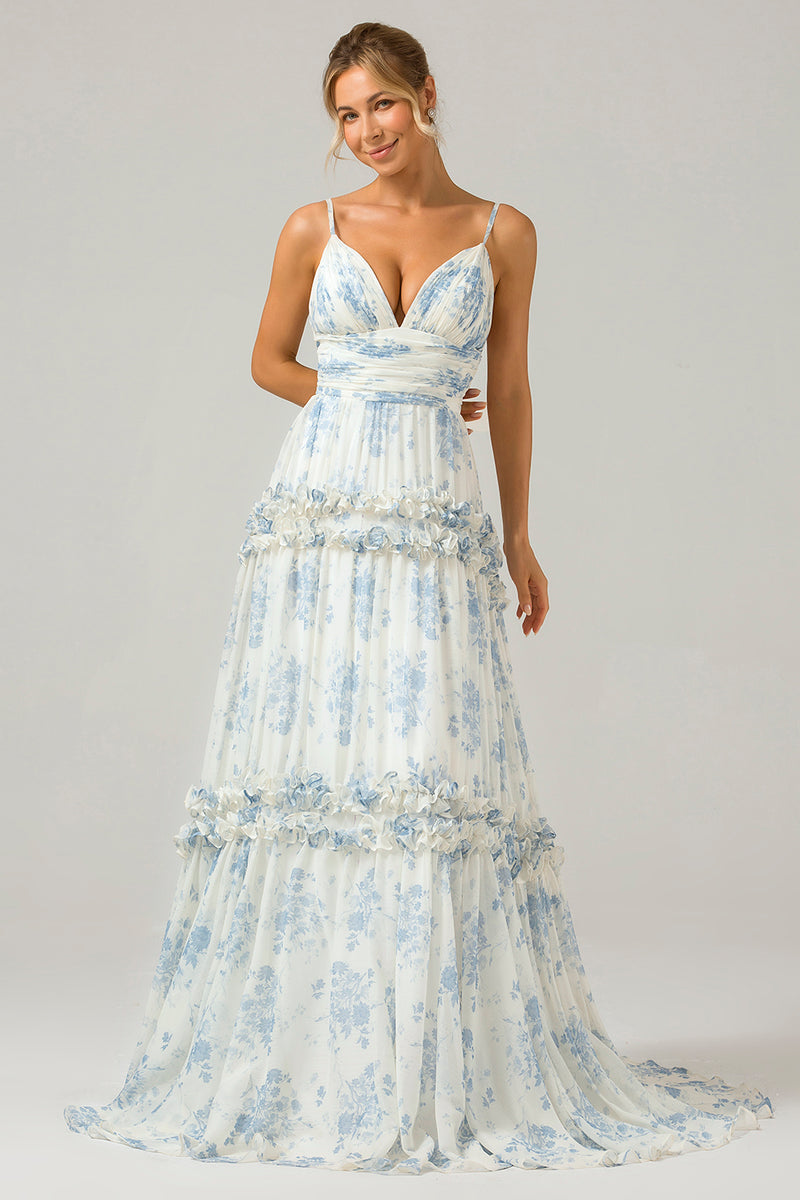 Hellymoon Women Prom Dress White Blue Flower A Line Long Tulle Formal
