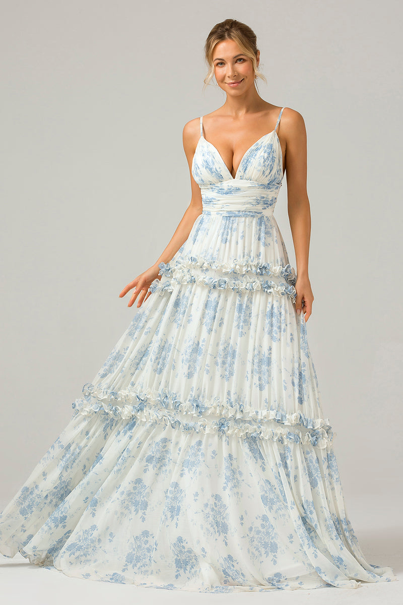 Hellymoon Women Prom Dress White Blue Flower A Line Long Tulle Formal