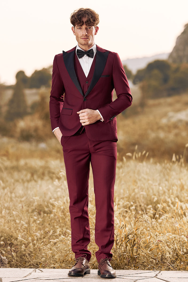 Load image into Gallery viewer, Burgundy Men's 3 Pieces Peak Lapel One Button Prom Suits