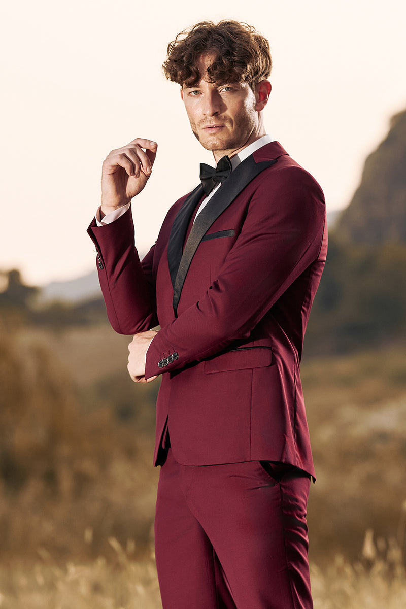 Load image into Gallery viewer, Burgundy Men's 3 Pieces Peak Lapel One Button Prom Suits