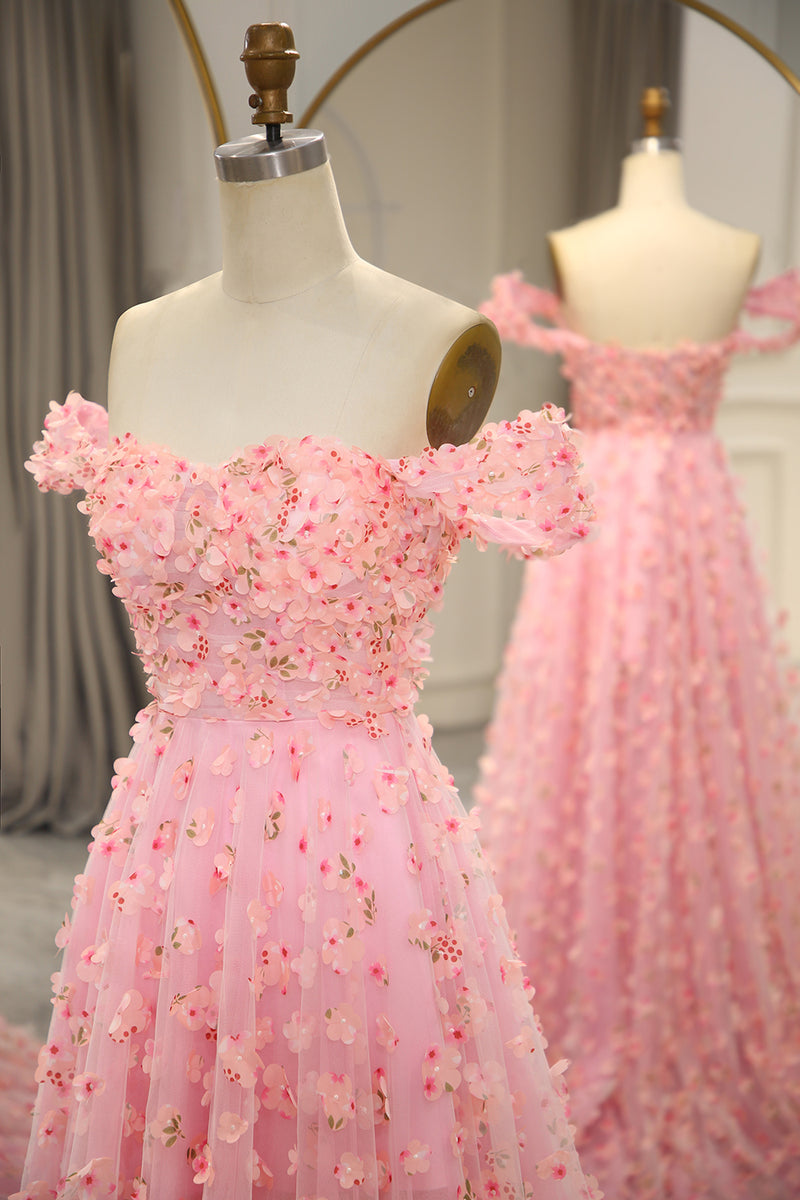 Load image into Gallery viewer, A-line Off The Shoulder Pink Long Bridesmaid Dress with 3D Flowers