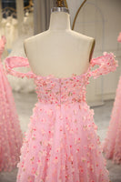Load image into Gallery viewer, A-line Off The Shoulder Pink Long Bridesmaid Dress with 3D Flowers