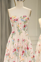 Load image into Gallery viewer, A-Line Ivory Strapless Flower embroidered Corset Prom Dress