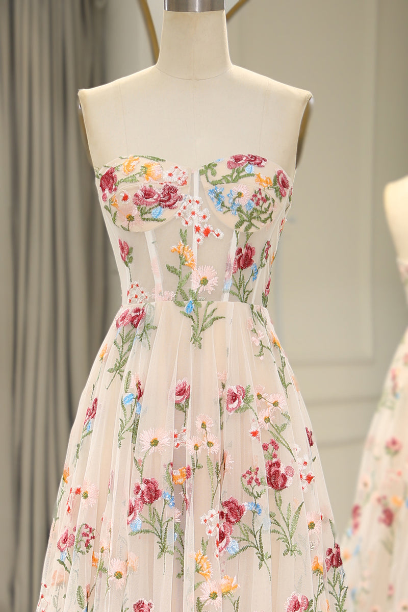 Load image into Gallery viewer, A-Line Ivory Strapless Flower embroidered Corset Prom Dress