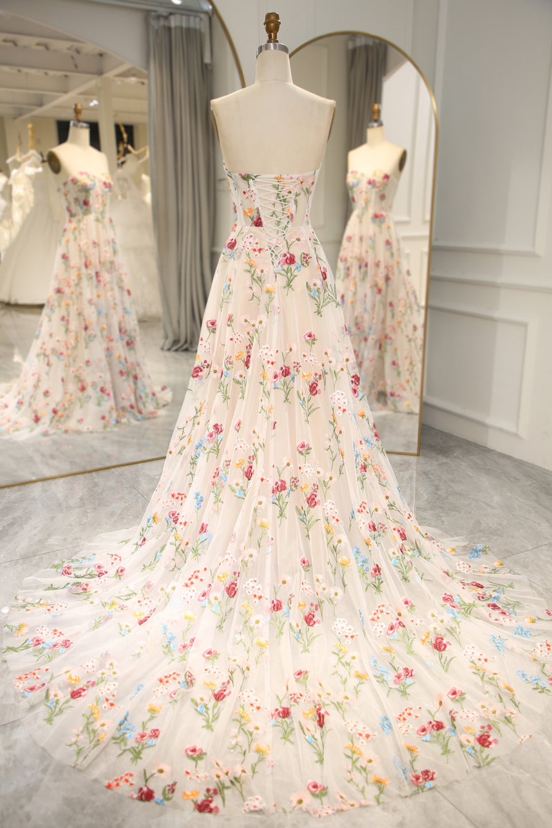 Load image into Gallery viewer, A-Line Ivory Strapless Flower embroidered Corset Prom Dress