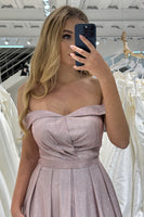 Load image into Gallery viewer, Glitter A-line Off the Shoulder Grey Pink Prom Dress with Pleated