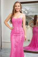Load image into Gallery viewer, Fuchsia Mermaid Spaghetti Straps Prom Dress with Appliques