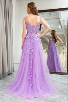 Lilac A-Line Spaghetti Straps Tulle Prom Dress with Appliques