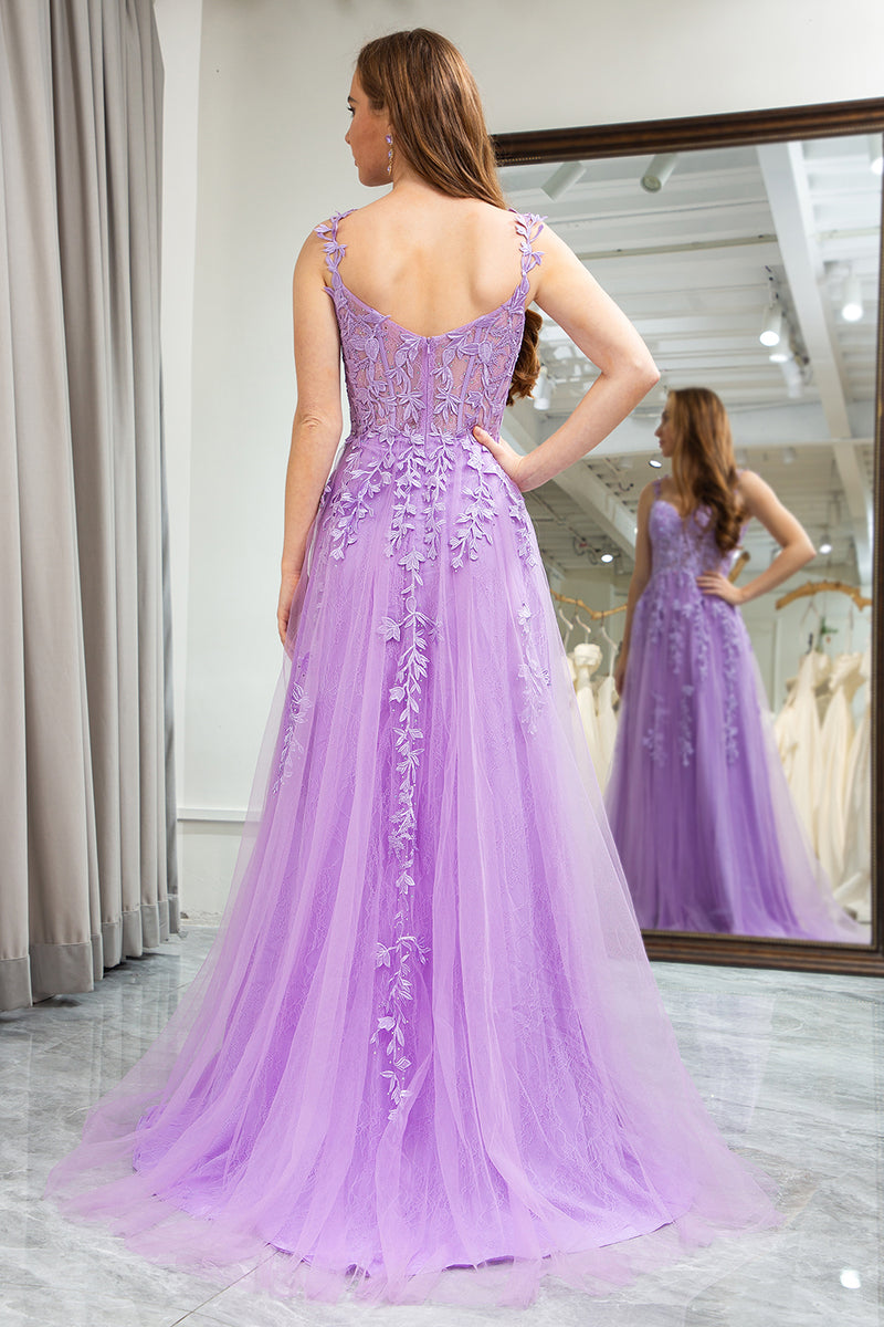 Load image into Gallery viewer, Lilac A-Line Spaghetti Straps Tulle Prom Dress with Appliques